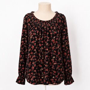 Floral Velvet Smocked‎ Long Sleeve Top Size L Black Red Dark Romantic Whimsigoth